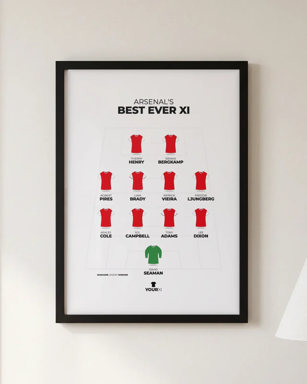 Framed Arsenal's best ever XI print, black frame, 4-4-2 in Arsenal shirts: David Seaman; Lee Dixon, Tony Adams, Sol Campbell, Ashley Cole; Freddie Ljungberg, Patrick Vieira, Liam Brady, Robert Pires; Dennis Bergkamp, Thierry Henry
