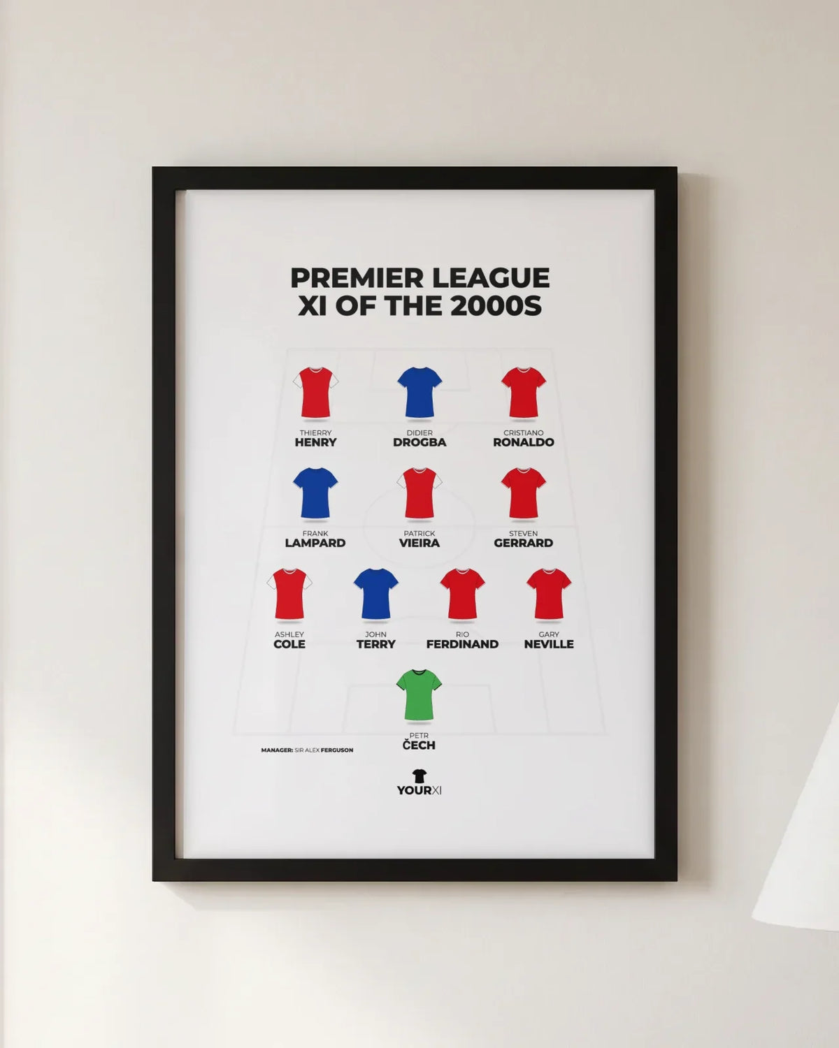Framed Premier League XI of the 2000s print, black frame, 4-3-3 in club shirts: Petr Čech; Gary Neville, Rio Ferdinand, John Terry, Ashley Cole; Steven Gerrard, Patrick Vieira, Frank Lampard; Cristiano Ronaldo, Didier Drogba, Thierry Henry