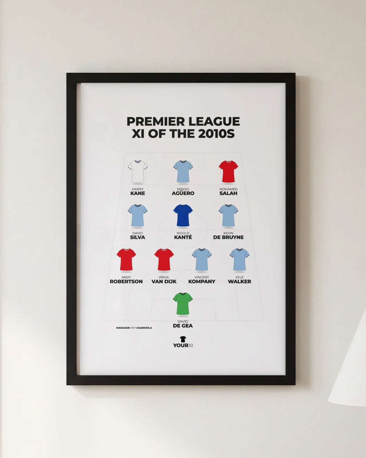 Framed Premier League XI of the 2010s print, black frame, 4-3-3 in club shirts: David de Gea; Kyle Walker, Vincent Kompany, Virgil van Dijk, Andy Robertson; Kevin De Bruyne, N'Golo Kanté, David Silva; Mohamed Salah, Sergio Agüero, Harry Kane