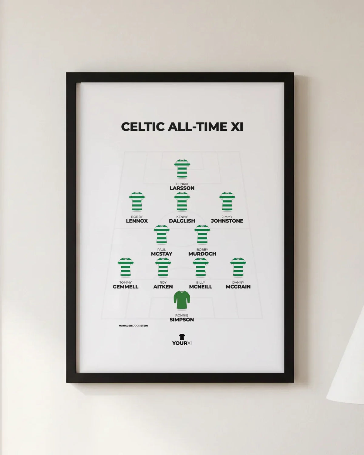 Framed Celtic all-time XI print, black frame, 4-2-3-1 in Celtic shirts: Ronnie Simpson; Danny McGrain, Billy McNeill, Roy Aitken, Tommy Gemmell; Bobby Murdoch, Paul McStay; Jimmy Johnstone, Kenny Dalglish, Bobby Lennox; Henrik Larsson