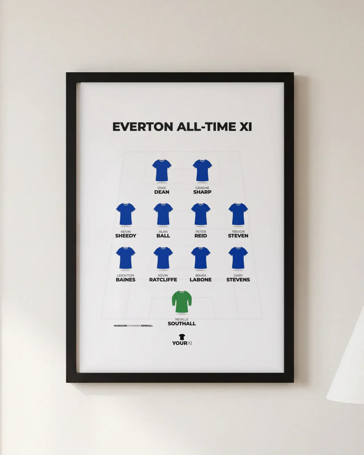 Framed Everton all-time XI print, black frame, 4-4-2 in Everton shirts: Neville Southall; Gary Stevens, Brian Labone, Kevin Ratcliffe, Leighton Baines; Trevor Steven, Peter Reid, Alan Ball, Kevin Sheedy; Graeme Sharp, Dixie Dean