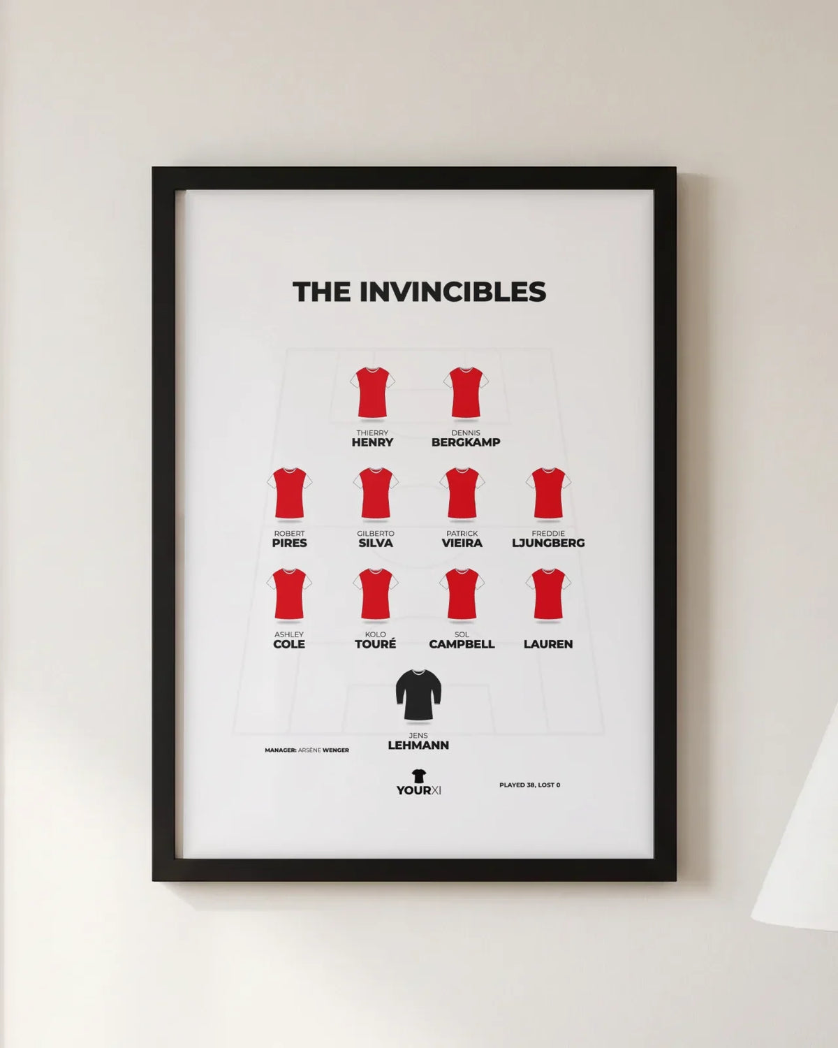 Framed The Invincibles print, black frame, 4-4-2 in Arsenal shirts: Jens Lehmann; Lauren, Sol Campbell, Kolo Touré, Ashley Cole; Freddie Ljungberg, Patrick Vieira, Gilberto Silva, Robert Pires; Dennis Bergkamp, Thierry Henry. Manager Arsène Wenger