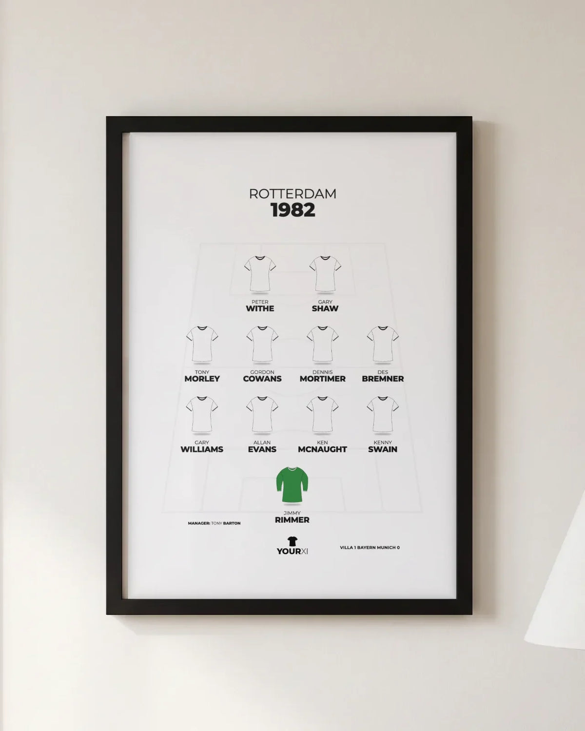 Framed Rotterdam 1982 print, black frame, 4-4-2 in Aston Villa shirts: Jimmy Rimmer; Kenny Swain, Ken McNaught, Allan Evans, Gary Williams; Des Bremner, Dennis Mortimer, Gordon Cowans, Tony Morley; Gary Shaw, Peter Withe. Manager Tony Barton