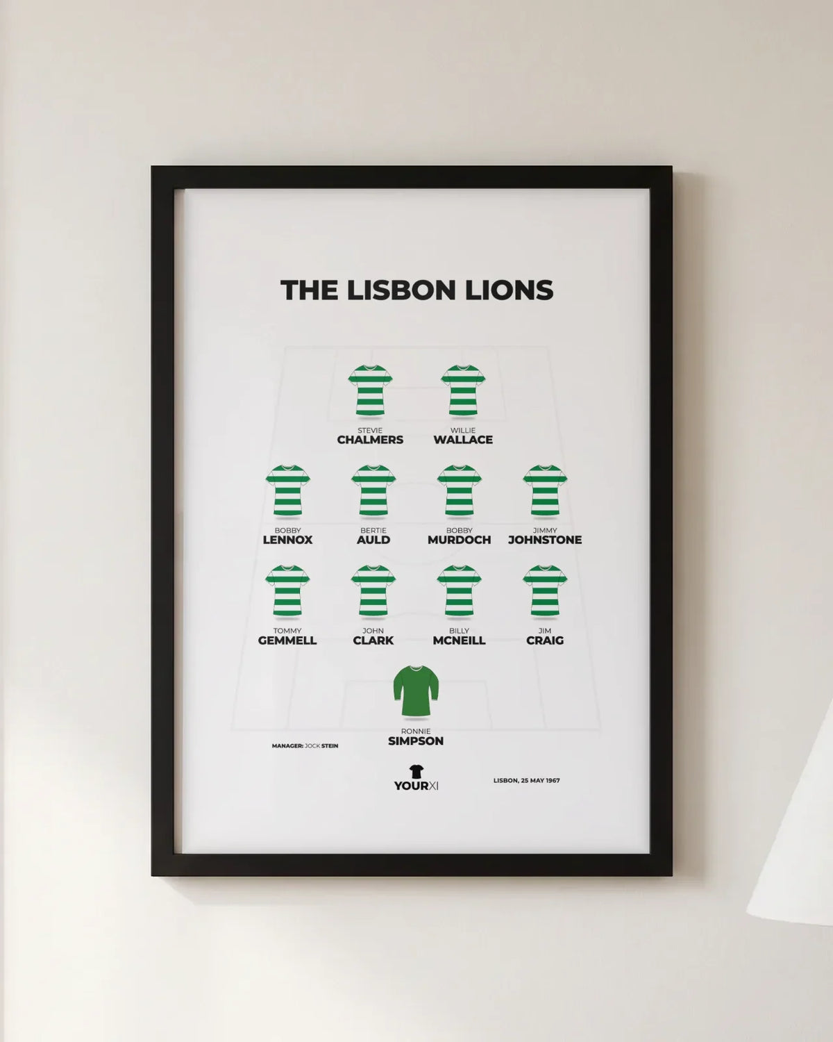 Framed The Lisbon Lions print, black frame, 4-4-2 in Celtic shirts: Ronnie Simpson; Jim Craig, Billy McNeill, John Clark, Tommy Gemmell; Jimmy Johnstone, Bobby Murdoch, Bertie Auld, Bobby Lennox; Willie Wallace, Stevie Chalmers. Manager Jock Stein