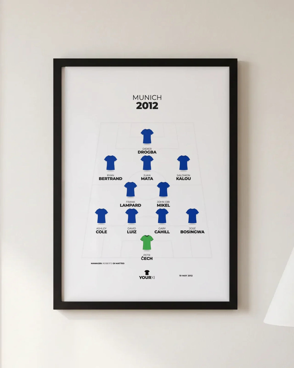 Framed Munich 2012 print, black frame, 4-2-3-1 in Chelsea shirts: Petr Čech; José Bosingwa, Gary Cahill, David Luiz, Ashley Cole; John Obi Mikel, Frank Lampard; Salomon Kalou, Juan Mata, Ryan Bertrand; Didier Drogba. Manager Roberto Di Matteo