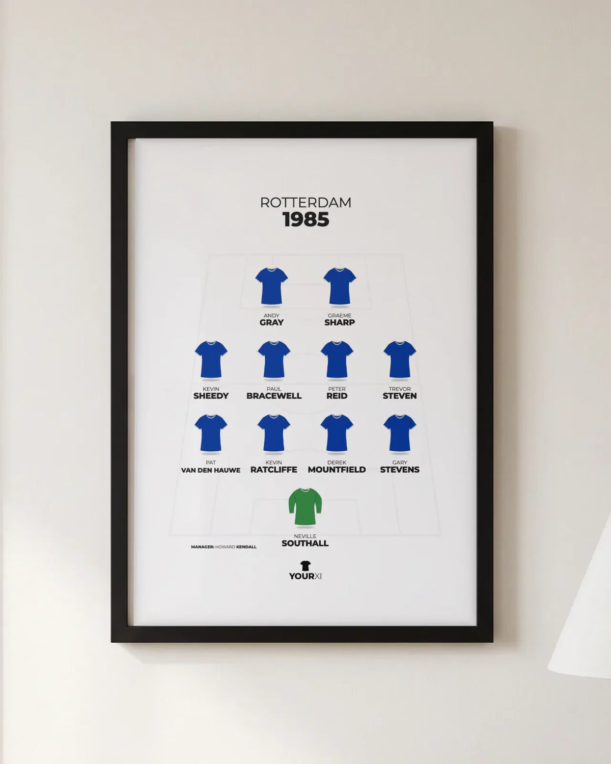 Framed Rotterdam 1985 print, black frame, 4-4-2 in Everton shirts: Neville Southall; Gary Stevens, Derek Mountfield, Kevin Ratcliffe, Pat Van den Hauwe; Trevor Steven, Peter Reid, Paul Bracewell, Kevin Sheedy; Graeme Sharp, Andy Gray