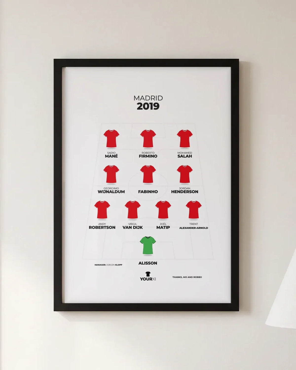 Framed Madrid 2019 print, black frame, 4-3-3 in Liverpool shirts: Alisson; Trent Alexander-Arnold, Joël Matip, Virgil van Dijk, Andy Robertson; Jordan Henderson, Fabinho, Georginio Wijnaldum; Mohamed Salah, Roberto Firmino, Sadio Mané