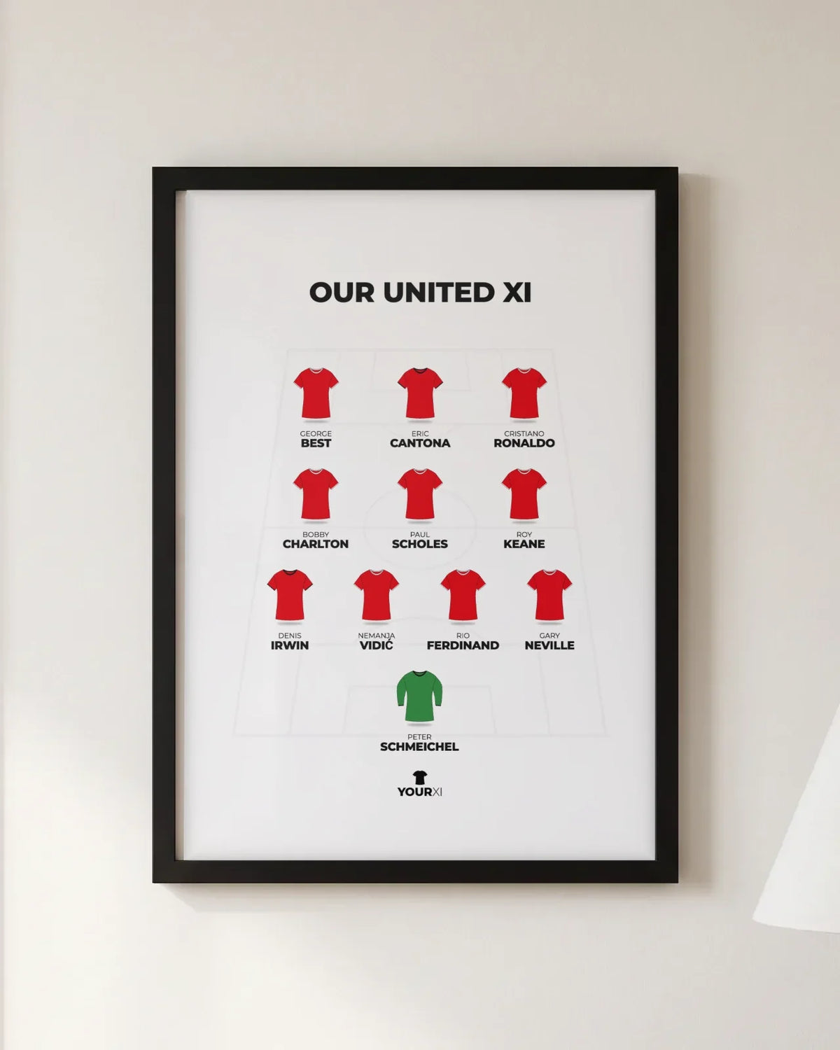 Framed Our United XI print, black frame, 4-3-3 in Manchester United shirts: Peter Schmeichel; Gary Neville, Rio Ferdinand, Nemanja Vidić, Denis Irwin; Roy Keane, Paul Scholes, Bobby Charlton; Cristiano Ronaldo, Eric Cantona, George Best