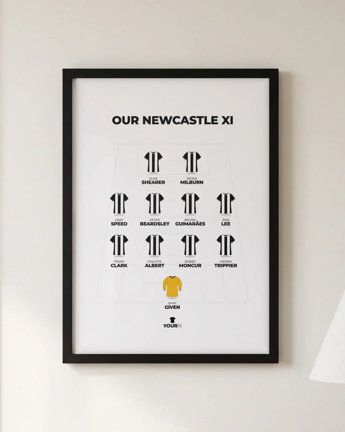 Framed Our Newcastle XI print, black frame, 4-4-2 in Newcastle United shirts: Shay Given; Kieran Trippier, Bobby Moncur, Philippe Albert, Frank Clark; Rob Lee, Bruno Guimarães, Peter Beardsley, Gary Speed; Jackie Milburn, Alan Shearer