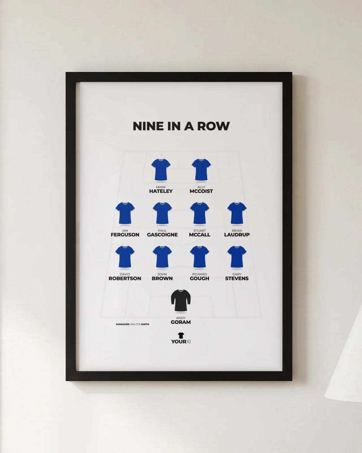 Framed Nine in a row print, black frame, 4-4-2 in Rangers shirts: Andy Goram; Gary Stevens, Richard Gough, John Brown, David Robertson; Brian Laudrup, Stuart McCall, Paul Gascoigne, Ian Ferguson; Ally McCoist, Mark Hateley. Manager Walter Smith