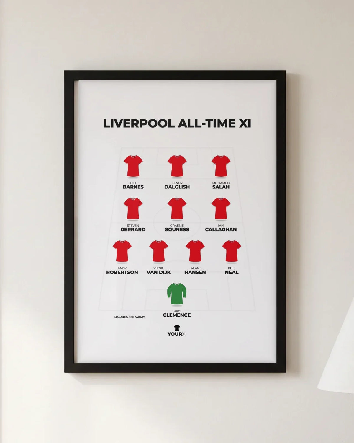 Framed Liverpool all-time XI print, black frame, 4-3-3 in Liverpool shirts: Ray Clemence; Phil Neal, Alan Hansen, Virgil van Dijk, Andy Robertson; Ian Callaghan, Graeme Souness, Steven Gerrard; Mohamed Salah, Kenny Dalglish, John Barnes