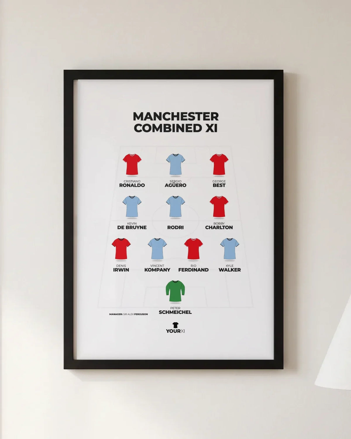 Framed Manchester combined XI print, black frame, 4-3-3 in club shirts: Peter Schmeichel; Kyle Walker, Rio Ferdinand, Vincent Kompany, Denis Irwin; Bobby Charlton, Rodri, Kevin De Bruyne; George Best, Sergio Agüero, Cristiano Ronaldo