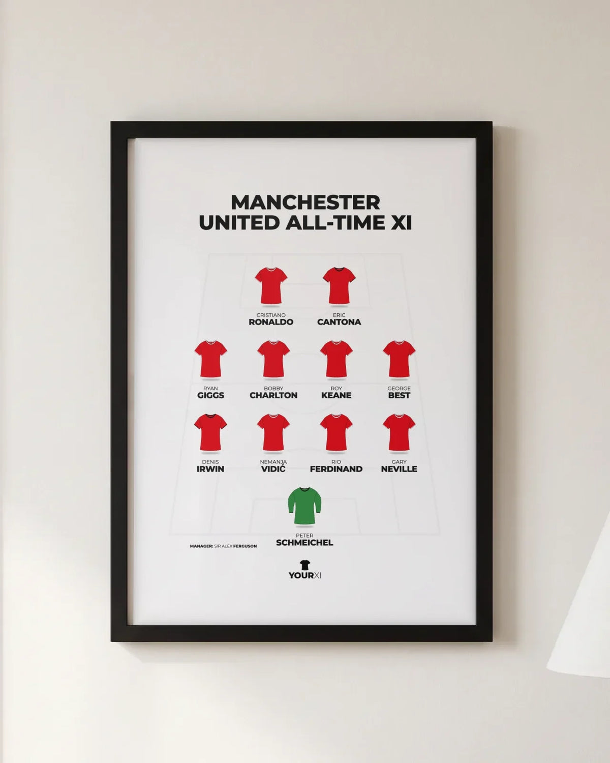 Framed Manchester United all-time XI print, black frame, 4-4-2 in Manchester United shirts: Peter Schmeichel; Gary Neville, Rio Ferdinand, Nemanja Vidić, Denis Irwin; George Best, Roy Keane, Bobby Charlton, Ryan Giggs; Eric Cantona, Cristiano Ronaldo