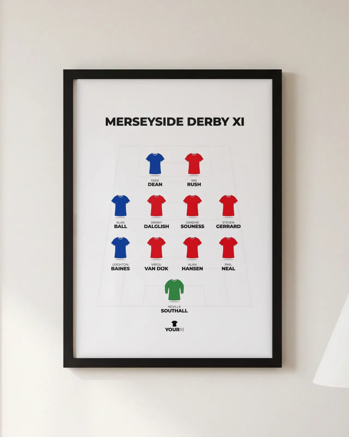 Framed Merseyside derby XI print, black frame, 4-4-2 in club shirts: Neville Southall; Phil Neal, Alan Hansen, Virgil van Dijk, Leighton Baines; Steven Gerrard, Graeme Souness, Kenny Dalglish, Alan Ball; Ian Rush, Dixie Dean