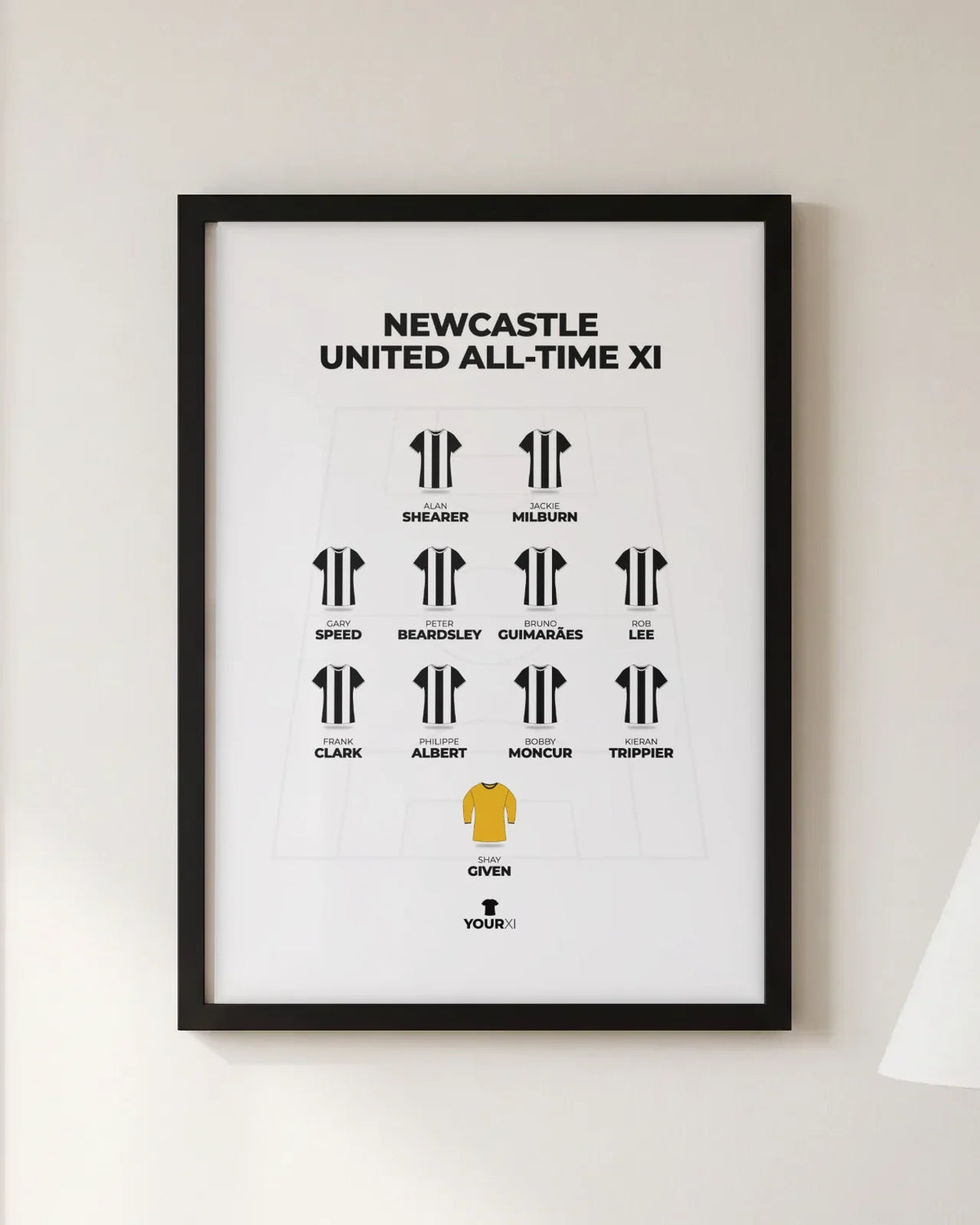 Framed Newcastle United all-time XI print, black frame, 4-4-2 in Newcastle United shirts: Shay Given; Kieran Trippier, Bobby Moncur, Philippe Albert, Frank Clark; Rob Lee, Bruno Guimarães, Peter Beardsley, Gary Speed; Jackie Milburn, Alan Shearer