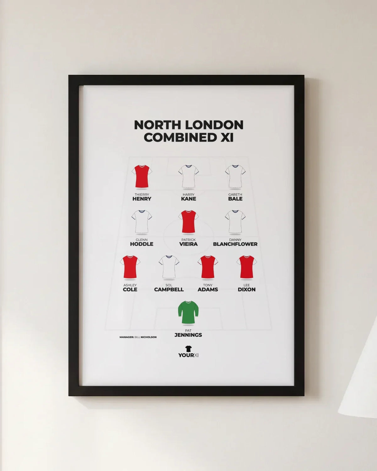 Framed North London combined XI print, black frame, 4-3-3 in club shirts: Pat Jennings; Lee Dixon, Tony Adams, Sol Campbell, Ashley Cole; Danny Blanchflower, Patrick Vieira, Glenn Hoddle; Gareth Bale, Harry Kane, Thierry Henry. Manager Bill Nicholson