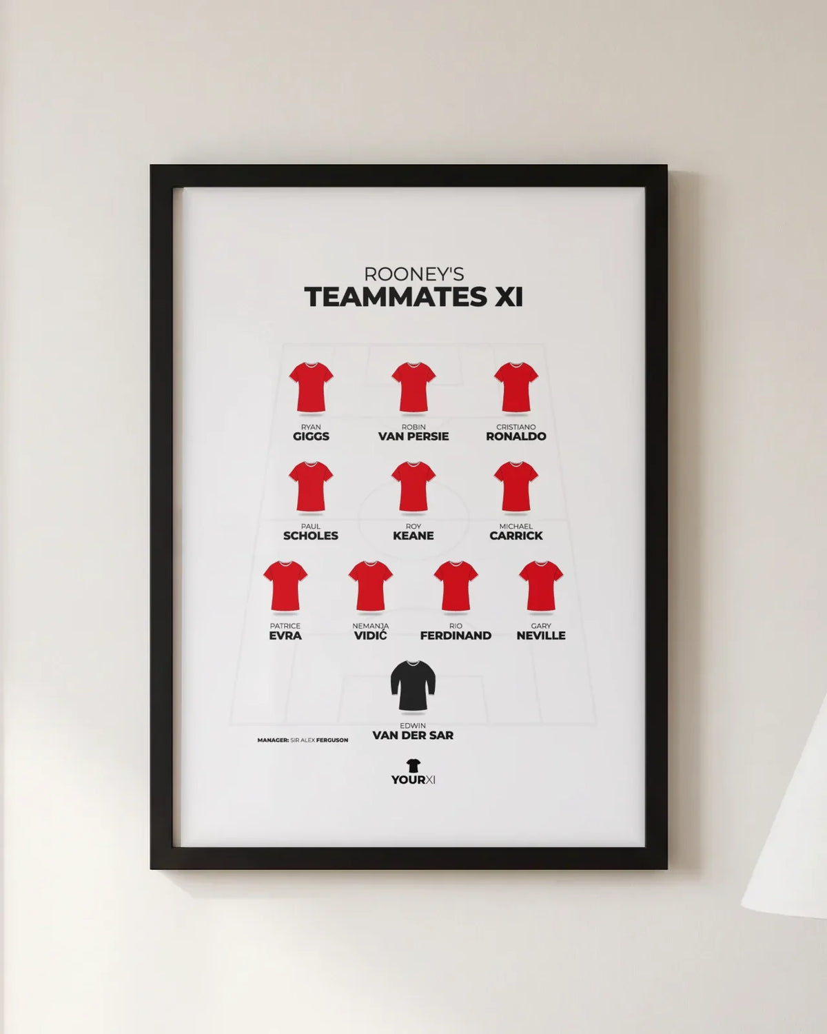 Framed Rooney's teammates XI print, black frame, 4-3-3 in Manchester United shirts: Edwin van der Sar; Gary Neville, Rio Ferdinand, Nemanja Vidić, Patrice Evra; Michael Carrick, Roy Keane, Paul Scholes; Cristiano Ronaldo, Robin van Persie, Ryan Giggs