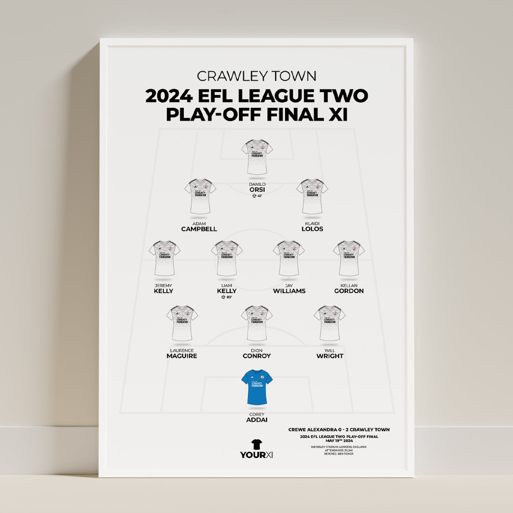 Crawley Town 2024 play-off final XI framed print, white frame leaning on a wall