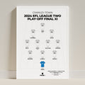 Crawley Town 2024 play-off final XI framed print, white frame leaning on a wall