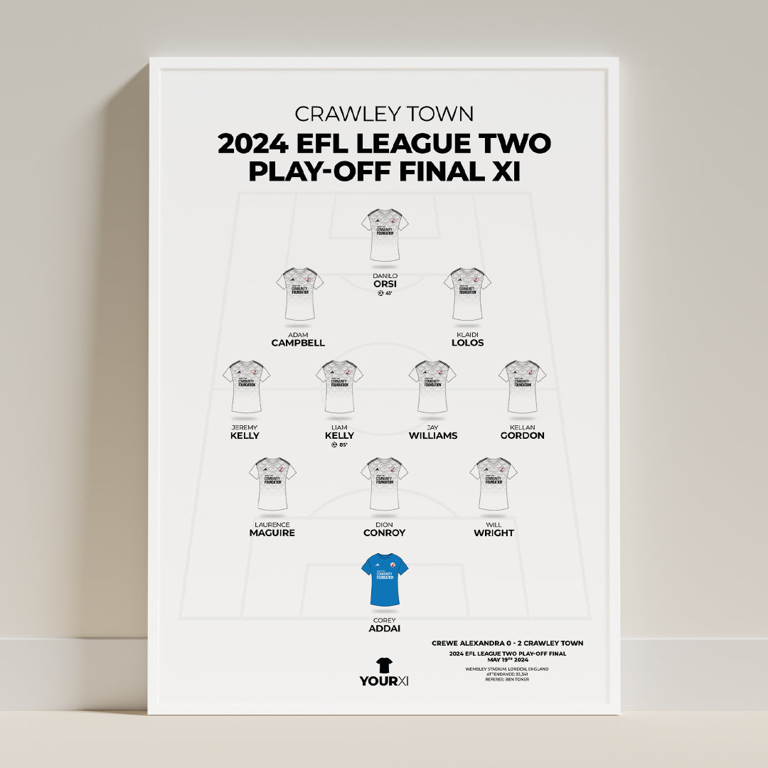 Crawley Town 2024 play-off final XI framed print, white frame leaning on a wall