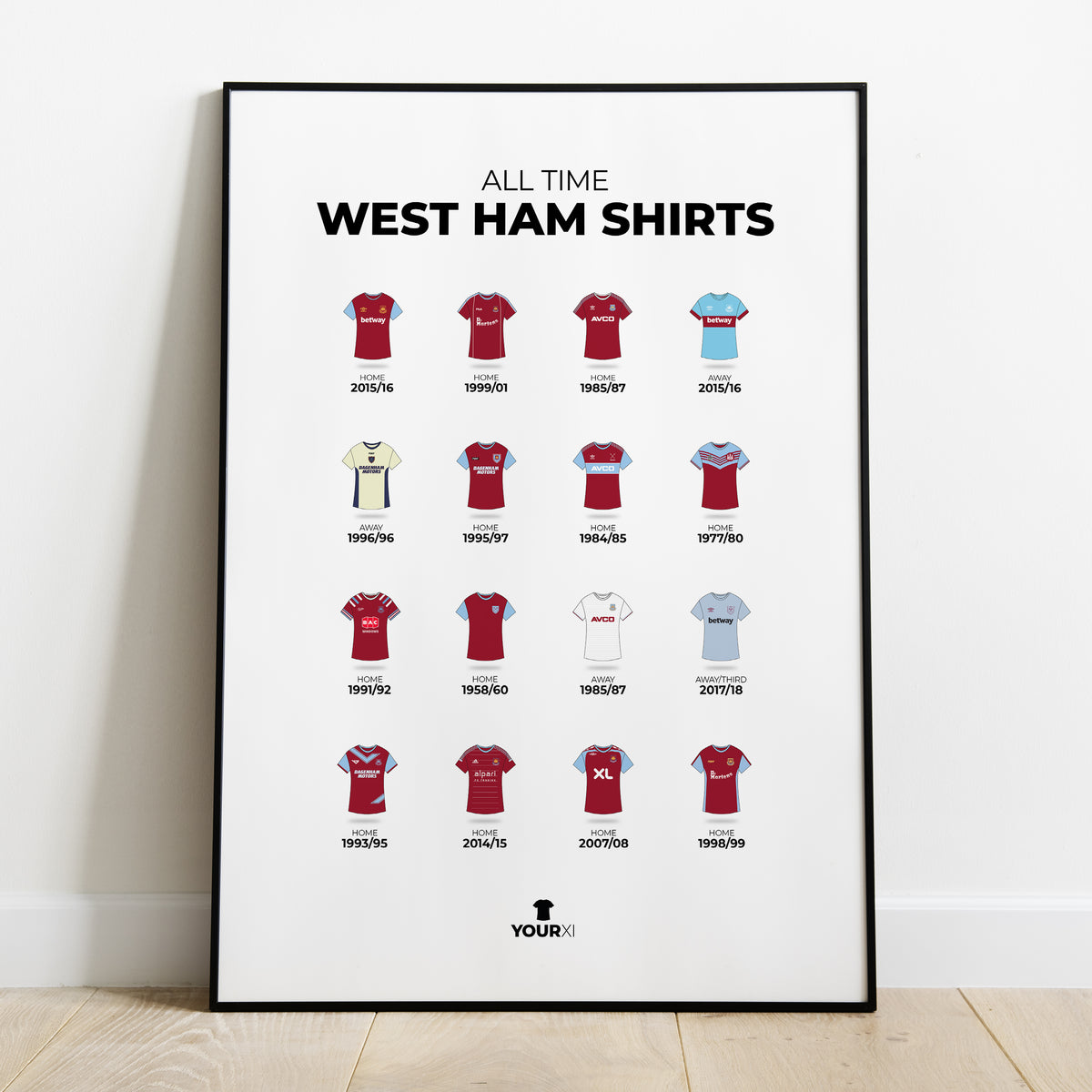 West Ham shirts through the years framed print, black frame leaning on a wall