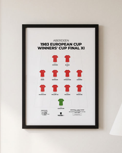 Aberdeen 1983 European Cup Winners' Cup Final XI framed print, black frame on a wall