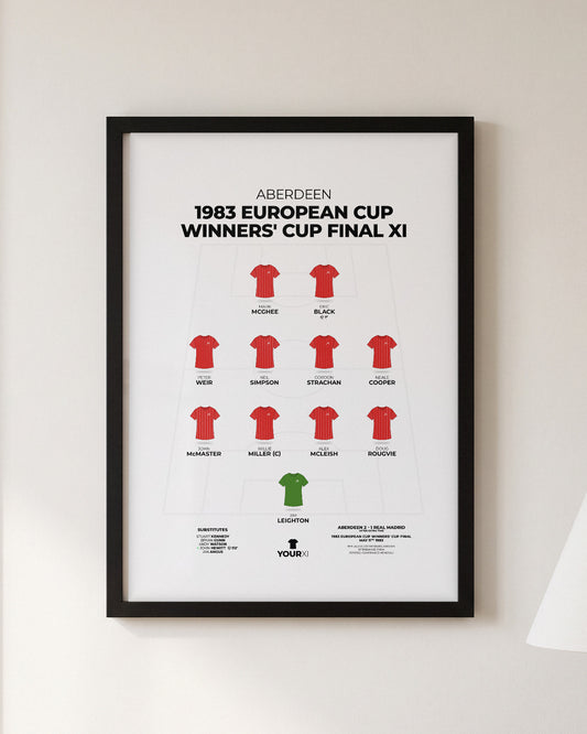 Aberdeen 1983 European Cup Winners' Cup Final XI framed print, black frame on a wall