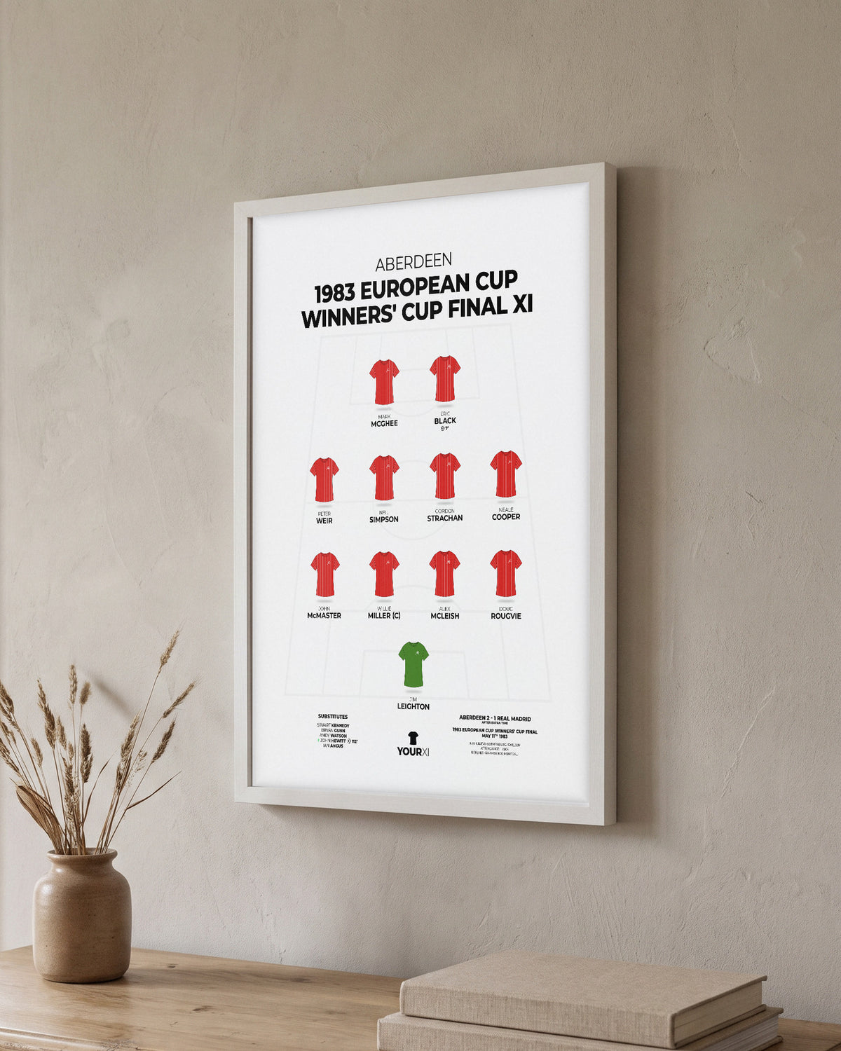 Aberdeen 1983 European Cup Winners' Cup Final XI framed print, white frame on a wall
