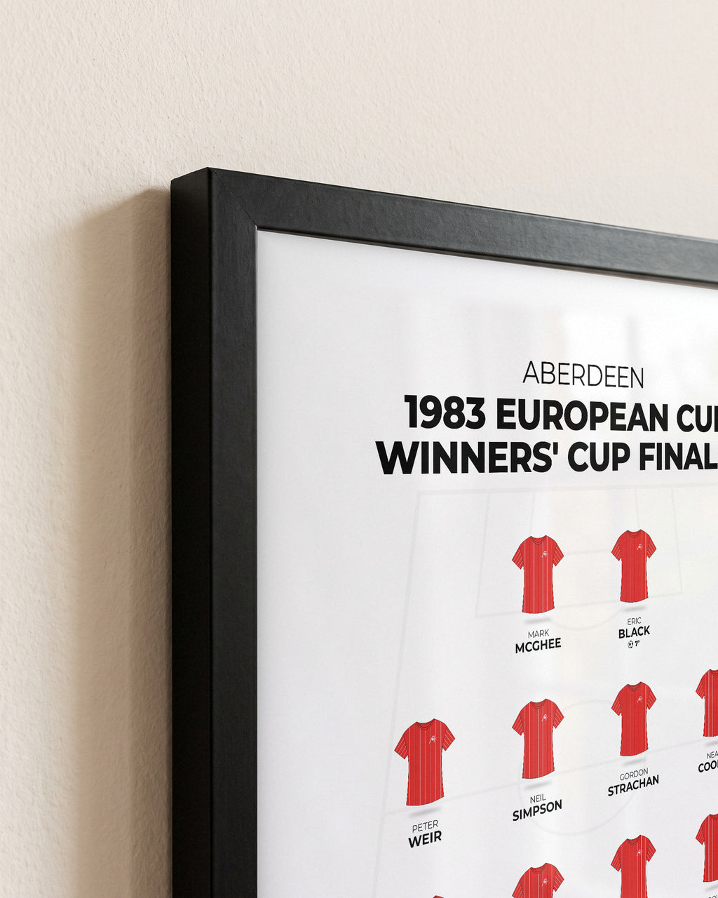 Aberdeen 1983 European Cup Winners' Cup Final XI framed print, close-up of the frame corner