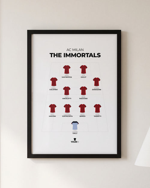 AC Milan The Immortals XI framed print, black frame on a wall