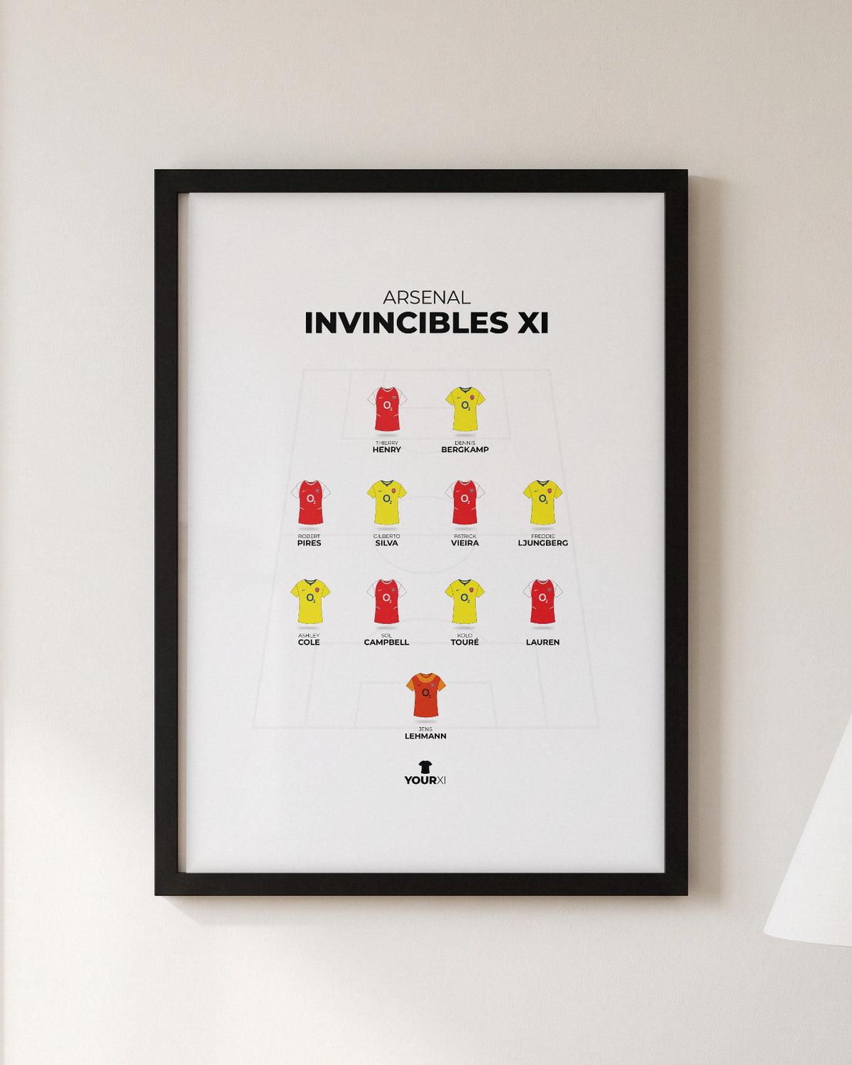 Arsenal Invincibles XI framed print, black frame on a wall