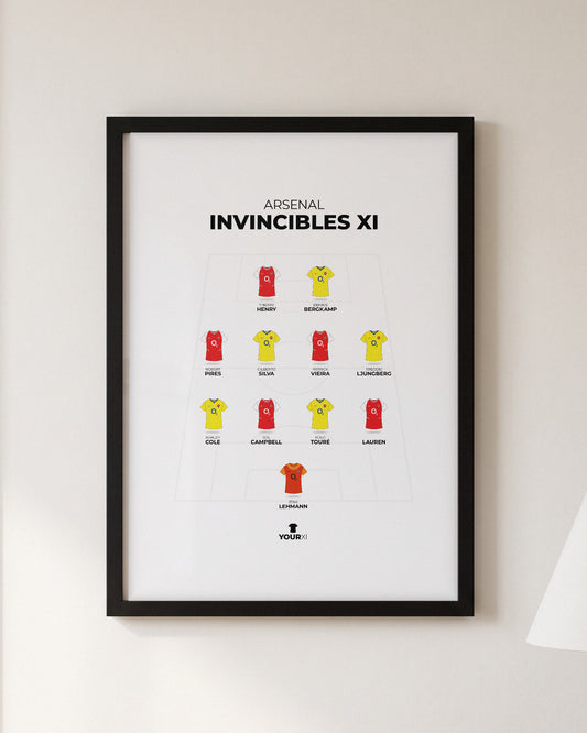 Arsenal Invincibles XI framed print, black frame on a wall
