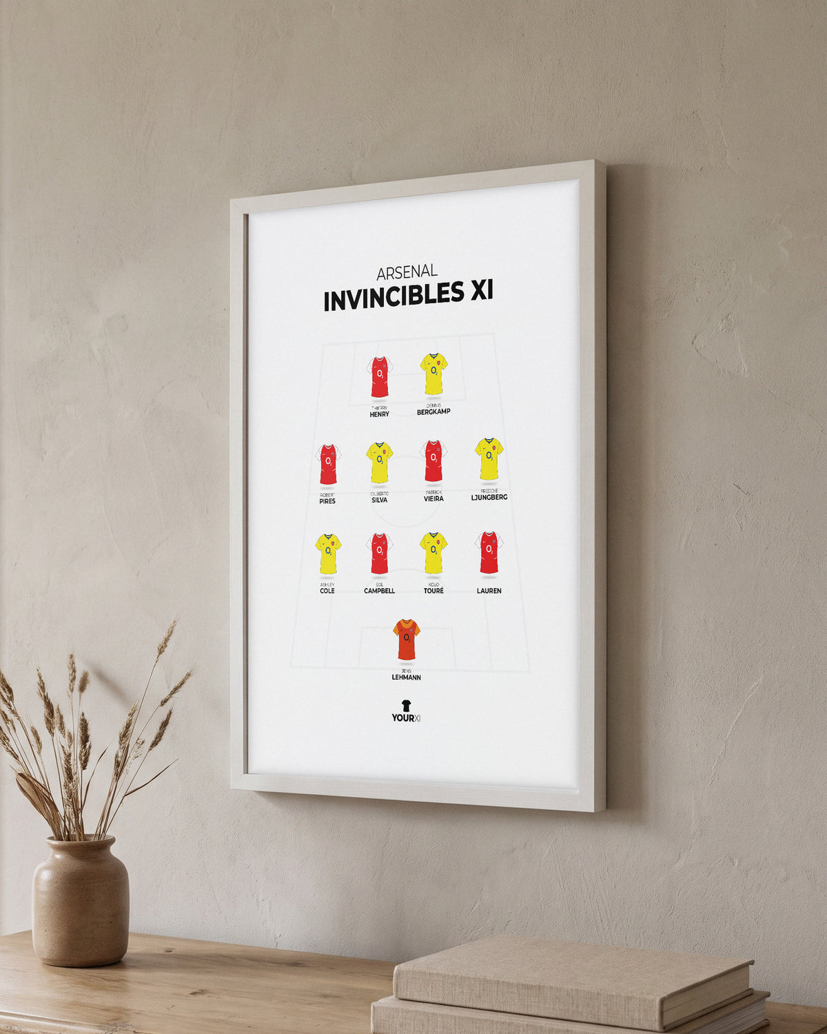 Arsenal Invincibles XI framed print, white frame on a wall