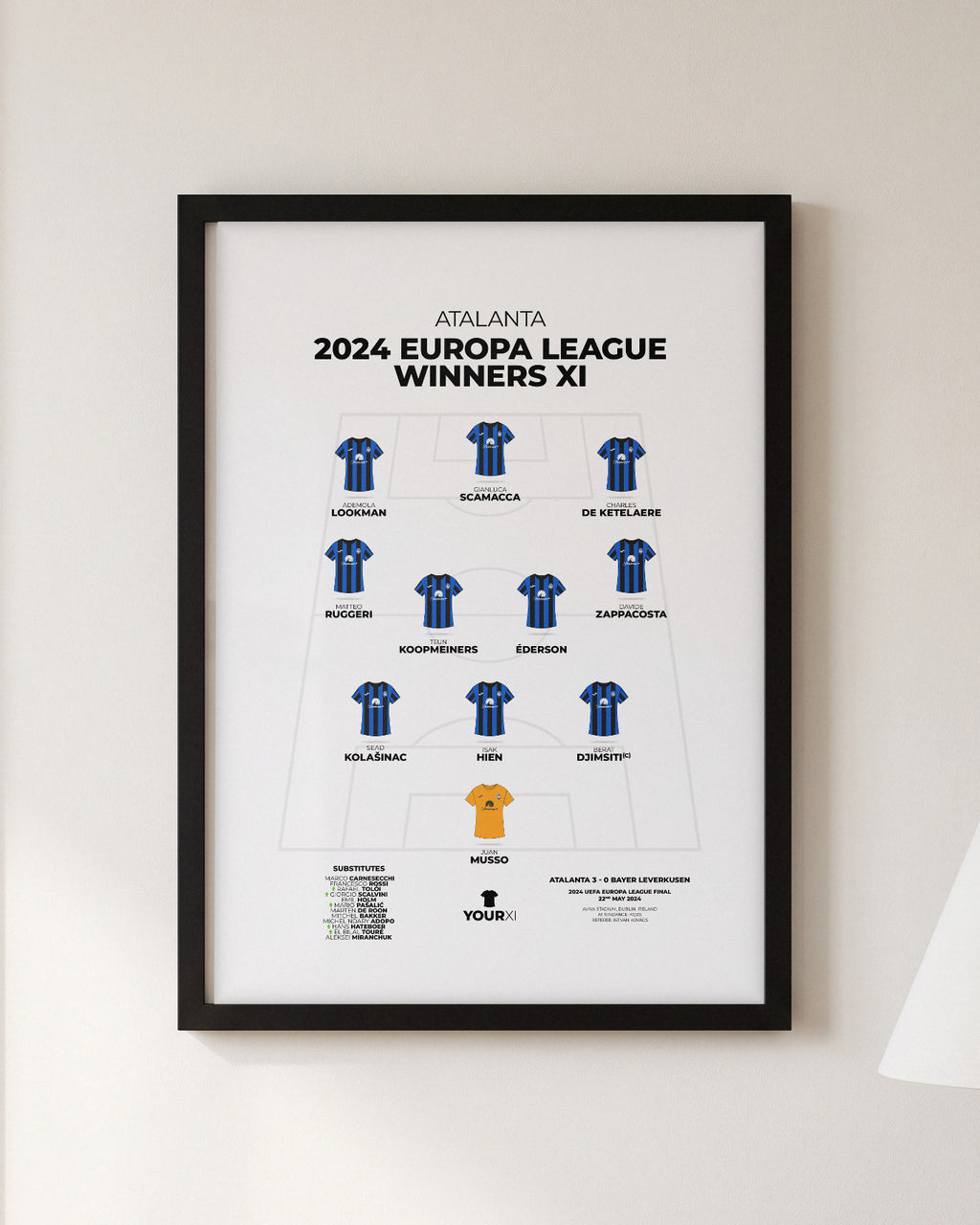 Atalanta 2024 Europa League Winners XI framed print, black frame on a wall