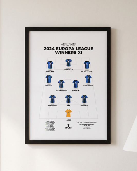 Atalanta 2024 Europa League Winners XI framed print, black frame on a wall