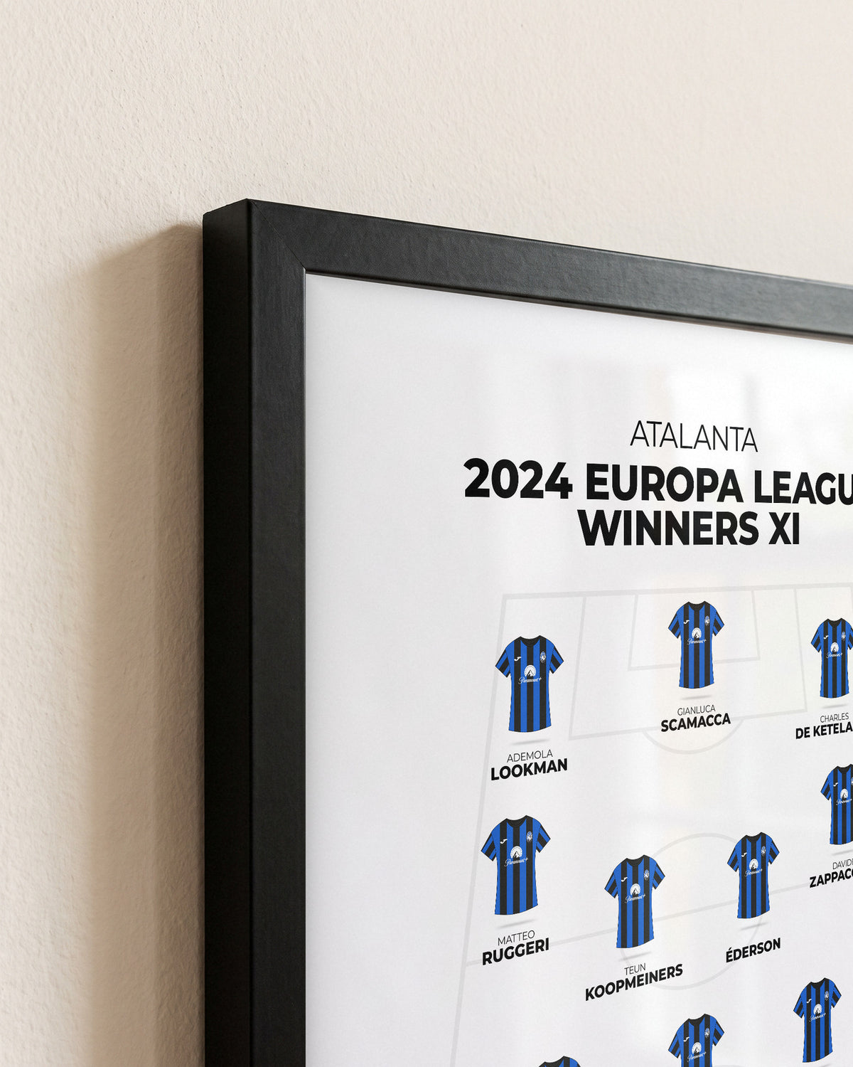 Atalanta 2024 Europa League Winners XI framed print, close-up of the frame corner