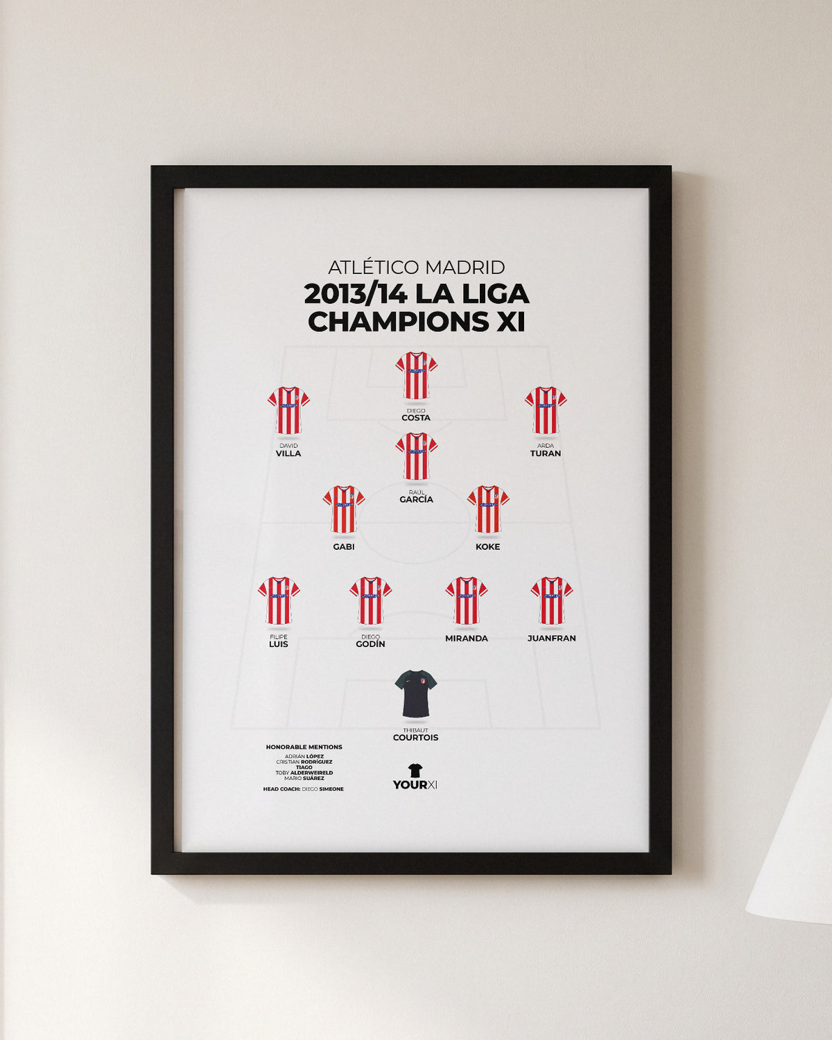 Atlético Madrid 2013/14 La Liga Champions XI framed print, black frame on a wall