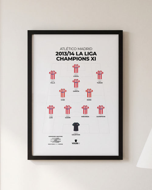 Atlético Madrid 2013/14 La Liga Champions XI framed print, black frame on a wall