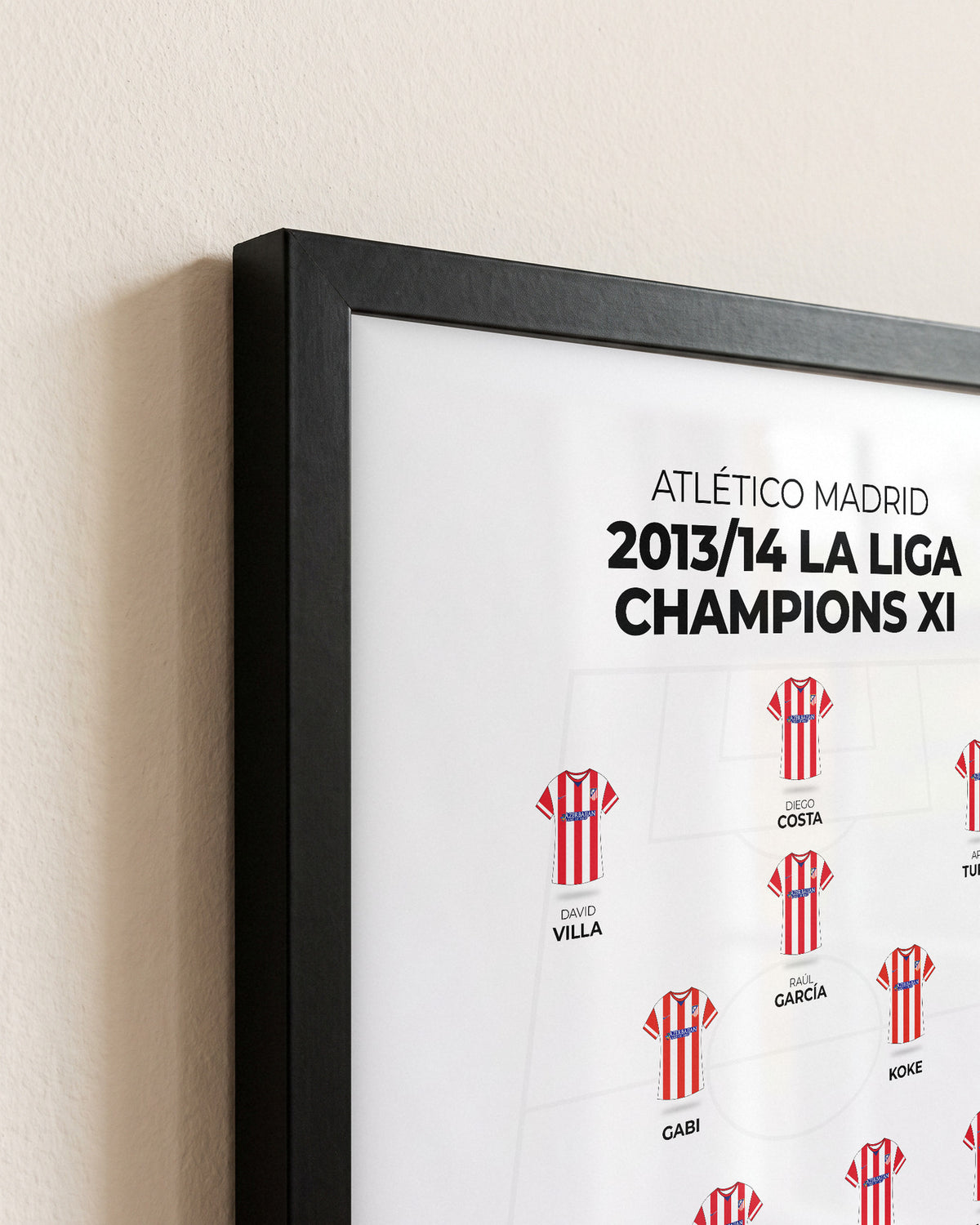 Atlético Madrid 2013/14 La Liga Champions XI framed print, close-up of the frame corner