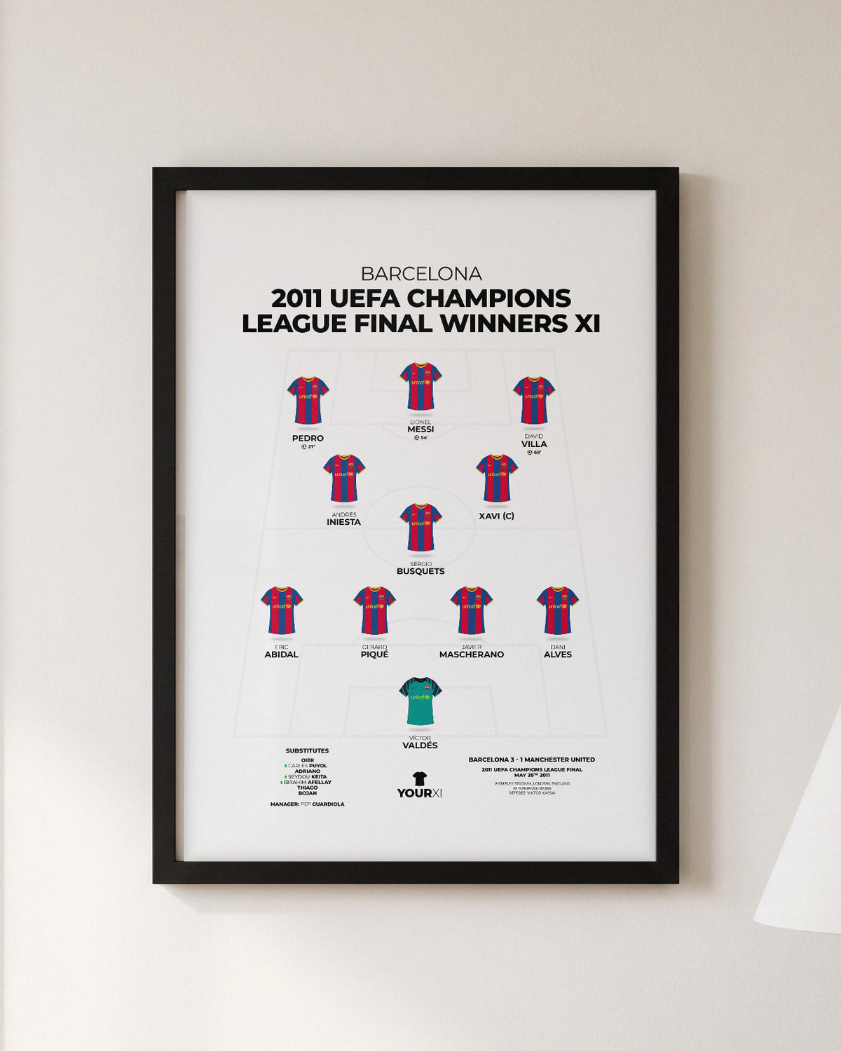 Barcelona 2011 Champions League Final Winners XI framed print, black frame on a wall