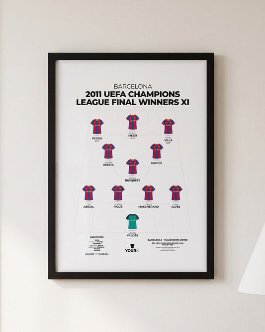 Barcelona 2011 Champions League Final Winners XI framed print, black frame on a wall