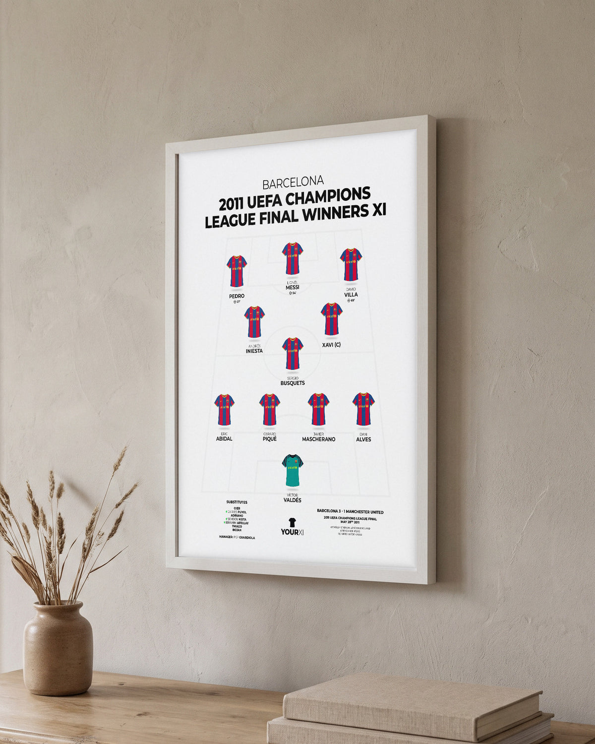 Barcelona 2011 Champions League Final Winners XI framed print, white frame on a wall