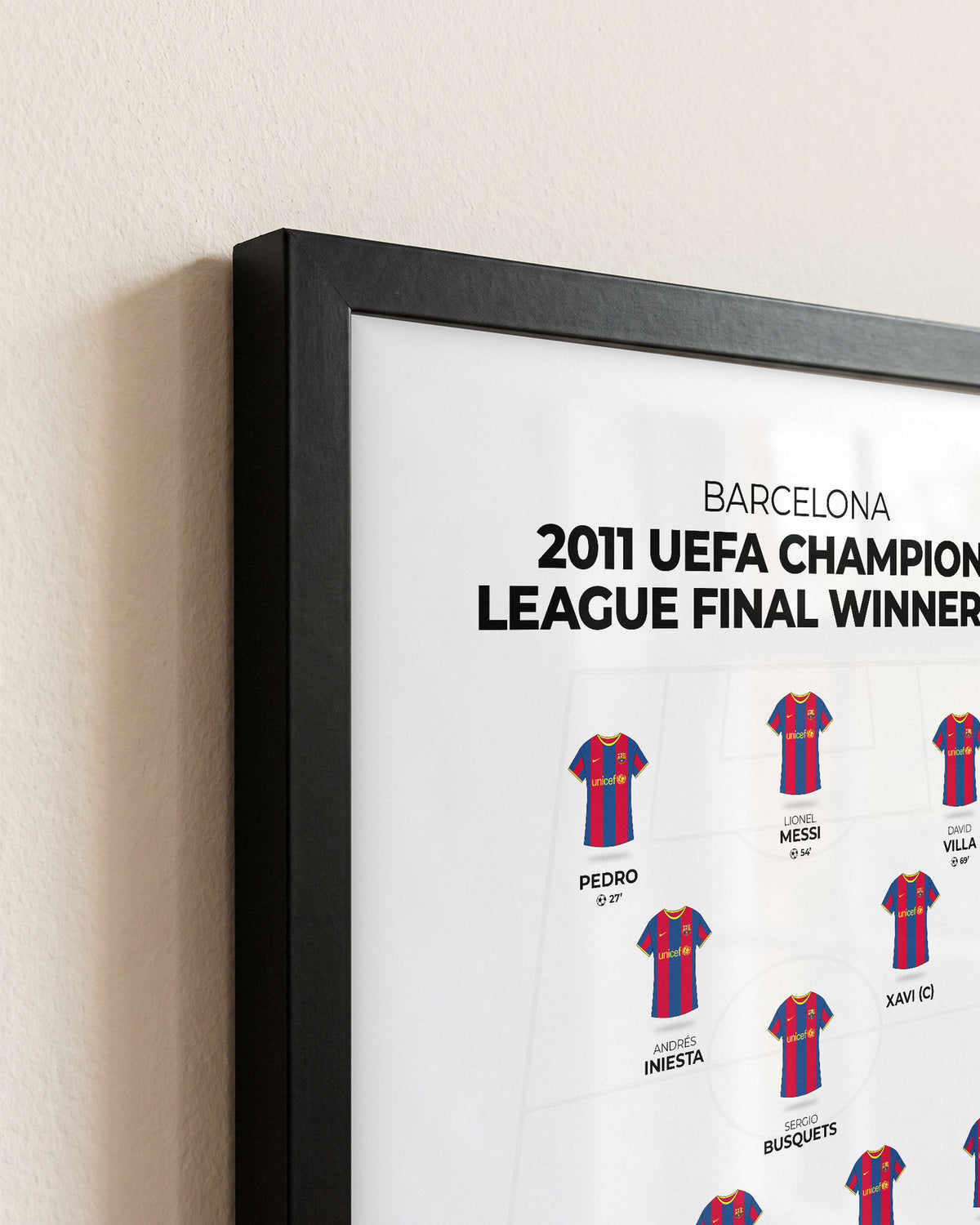 Barcelona 2011 Champions League Final Winners XI framed print, close-up of the frame corner