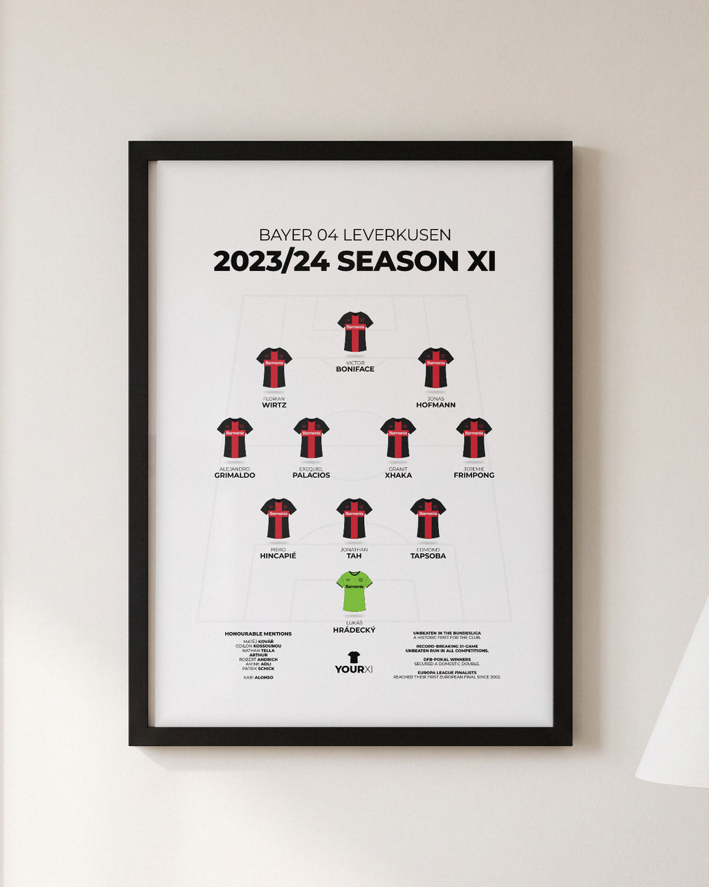 Bayer 04 Leverkusen 2023/24 Season XI framed print, black frame on a wall