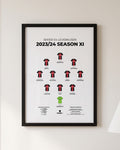 Bayer 04 Leverkusen 2023/24 Season XI framed print, black frame on a wall
