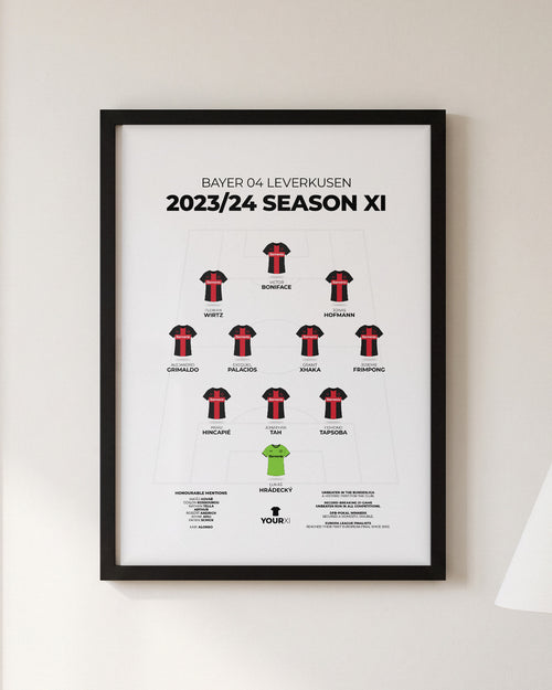 Bayer 04 Leverkusen 2023/24 Season XI framed print, black frame on a wall