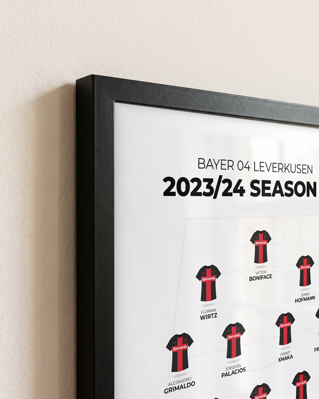 Bayer 04 Leverkusen 2023/24 Season XI framed print, close-up of the frame corner