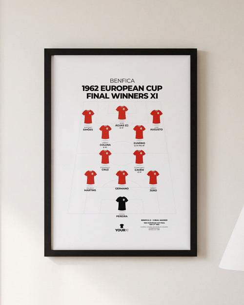 Benfica 1962 European Cup Final Winners XI framed print, black frame on a wall