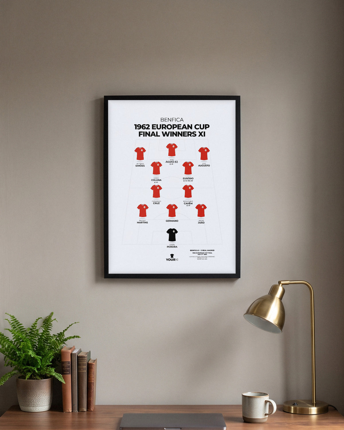 Benfica 1962 European Cup Final Winners XI framed print, black frame above a desk