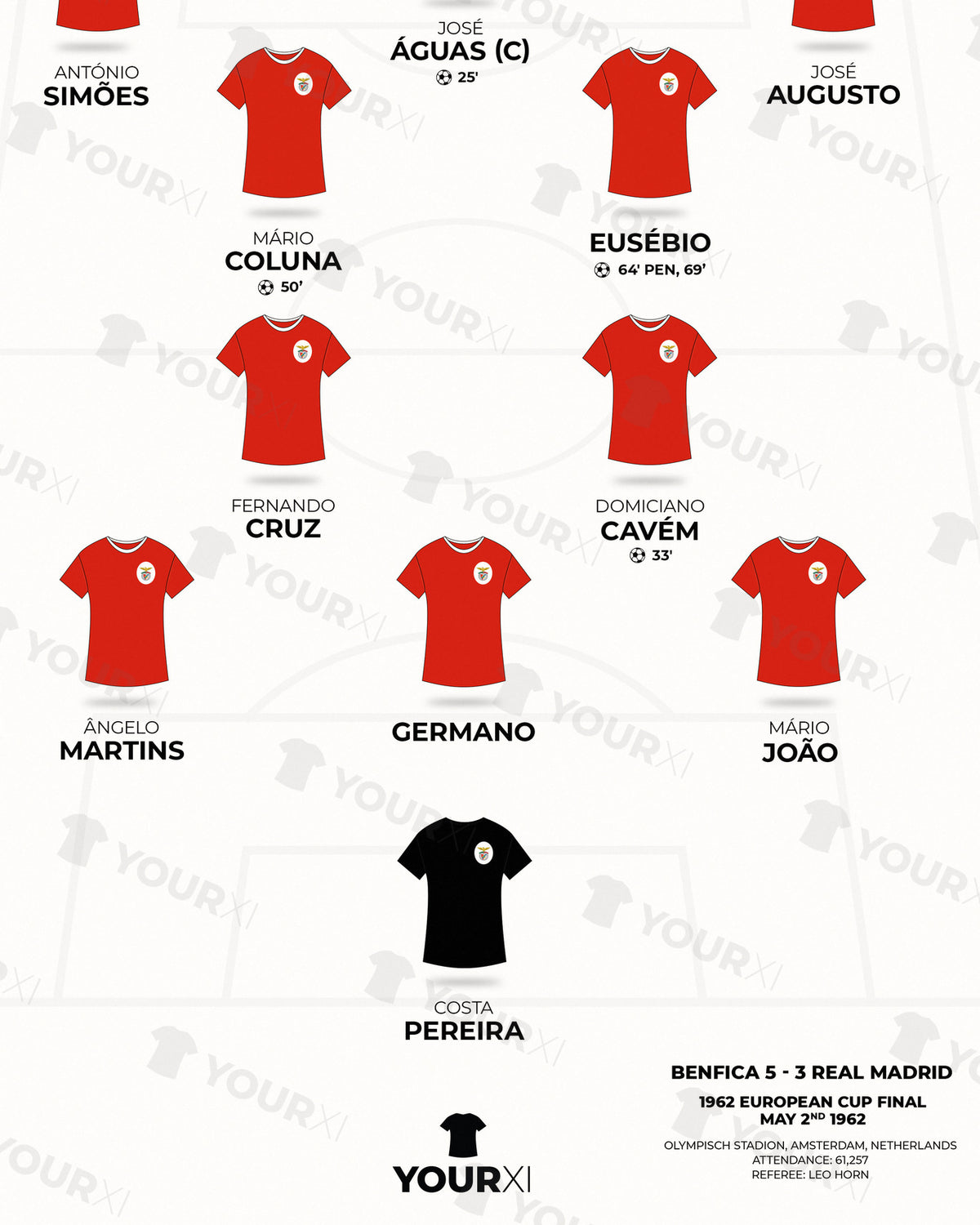 Benfica 1962 European Cup Final Winners XI framed print, close-up of the print